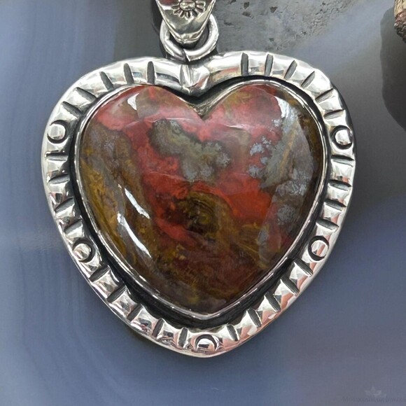 Sterling Silver Southwestern Style Sean Agate Heart Decorated Pendant For Women - Picture 6 of 10